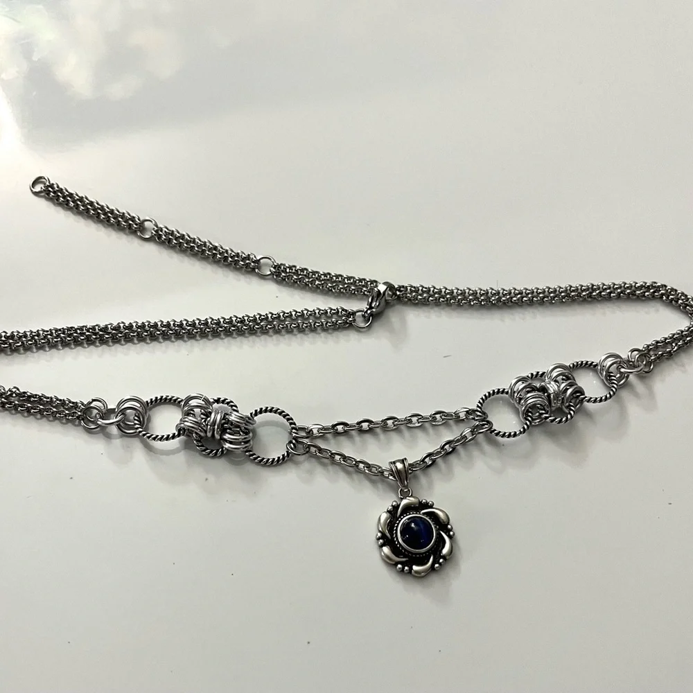 925 sterling silver blue kyanite stone charm on stainless steel maille choker - Picture 10 of 16